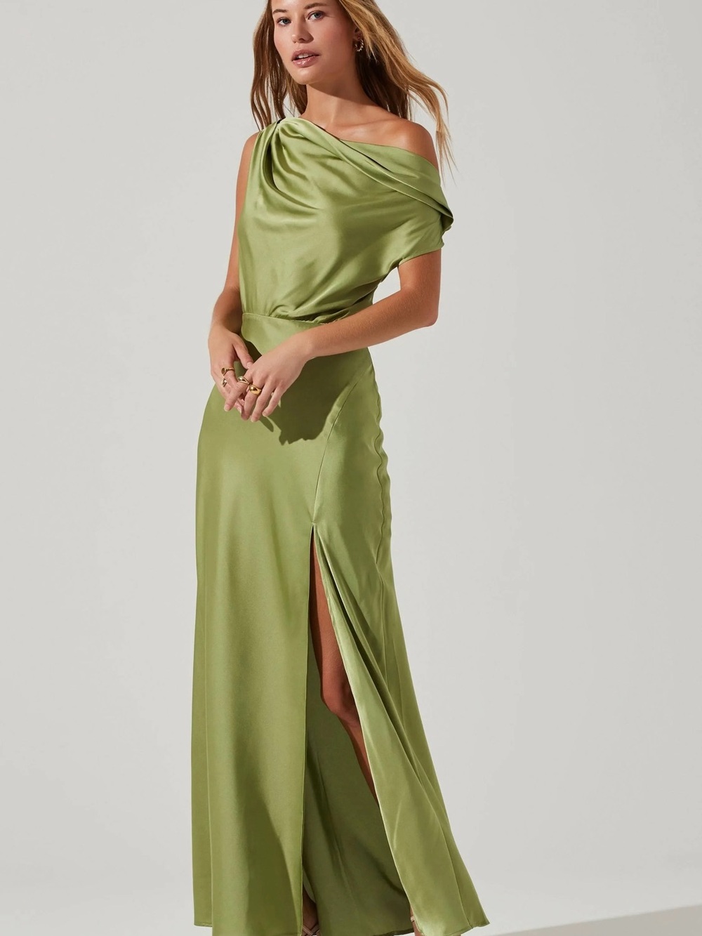 ASTR the Label Olive Green Monroe One-Shoulder Satin Gown